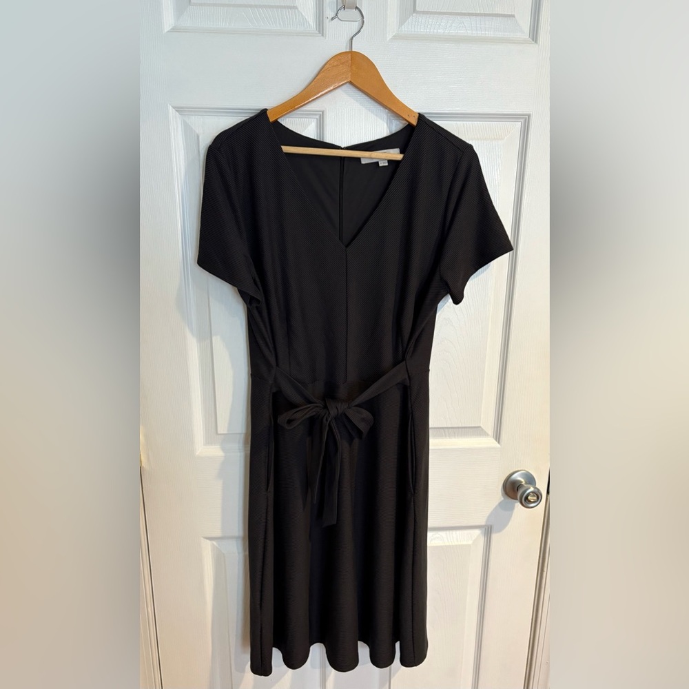 Loft little black dress textured fabric with waist defining tie.